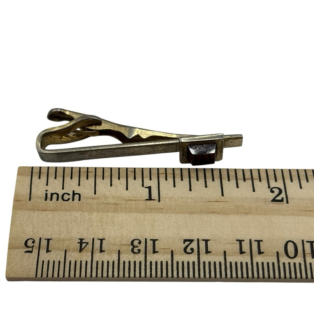 Swank Cufflinks And Tie Clip Red Accent Center Gold Tone Vintage Square Textured - Picture 12 of 13